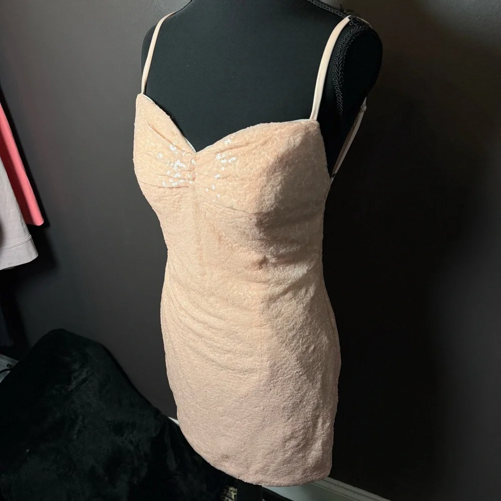 Blush Sequin Lace Mini Dress Size 4 | Spaghetti Strap Cocktail / Prom Dress NWT - Picture 2 of 5